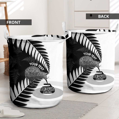 New Zealand Silver Fern Curling Personalised Laundry Basket Aotearoa Kiwi Ponga Black White Version - Aussie Hoodie