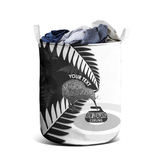 New Zealand Silver Fern Curling Personalised Laundry Basket Aotearoa Kiwi Ponga Black White Version - Aussie Hoodie