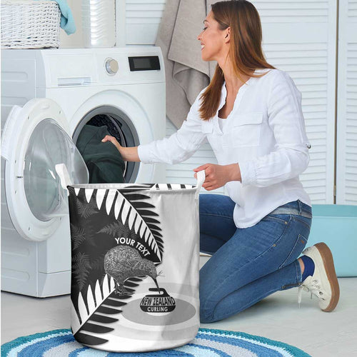 New Zealand Silver Fern Curling Personalised Laundry Basket Aotearoa Kiwi Ponga Black White Version - Aussie Hoodie