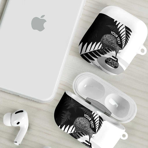 New Zealand Silver Fern Curling Personalised AirPods Case Aotearoa Kiwi Ponga Black White Version - Aussie Hoodie