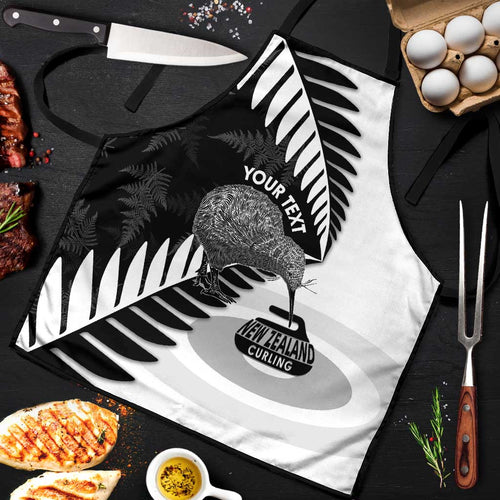 New Zealand Silver Fern Curling Personalised Apron Aotearoa Kiwi Ponga Black White Version - Aussie Hoodie