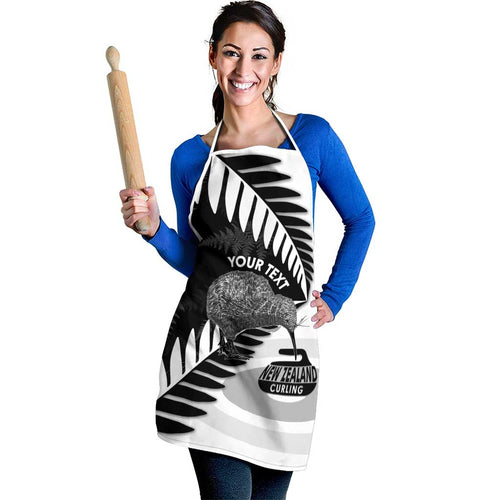 New Zealand Silver Fern Curling Personalised Apron Aotearoa Kiwi Ponga Black White Version - Aussie Hoodie
