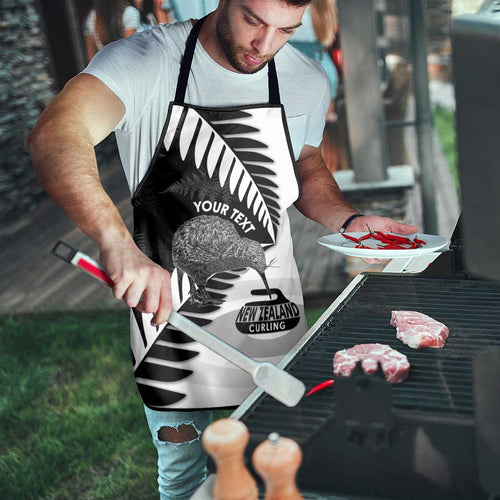 New Zealand Silver Fern Curling Personalised Apron Aotearoa Kiwi Ponga Black White Version - Aussie Hoodie