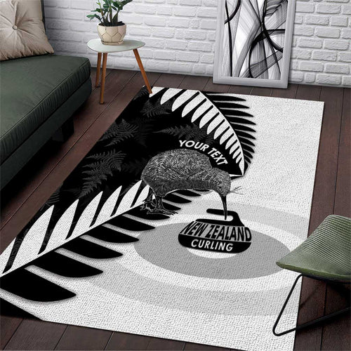 New Zealand Silver Fern Curling Personalised Area Rug Aotearoa Kiwi Ponga Black White Version - Aussie Hoodie