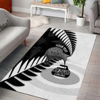 New Zealand Silver Fern Curling Personalised Area Rug Aotearoa Kiwi Ponga Black White Version - Aussie Hoodie