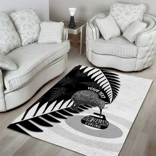 New Zealand Silver Fern Curling Personalised Area Rug Aotearoa Kiwi Ponga Black White Version - Aussie Hoodie