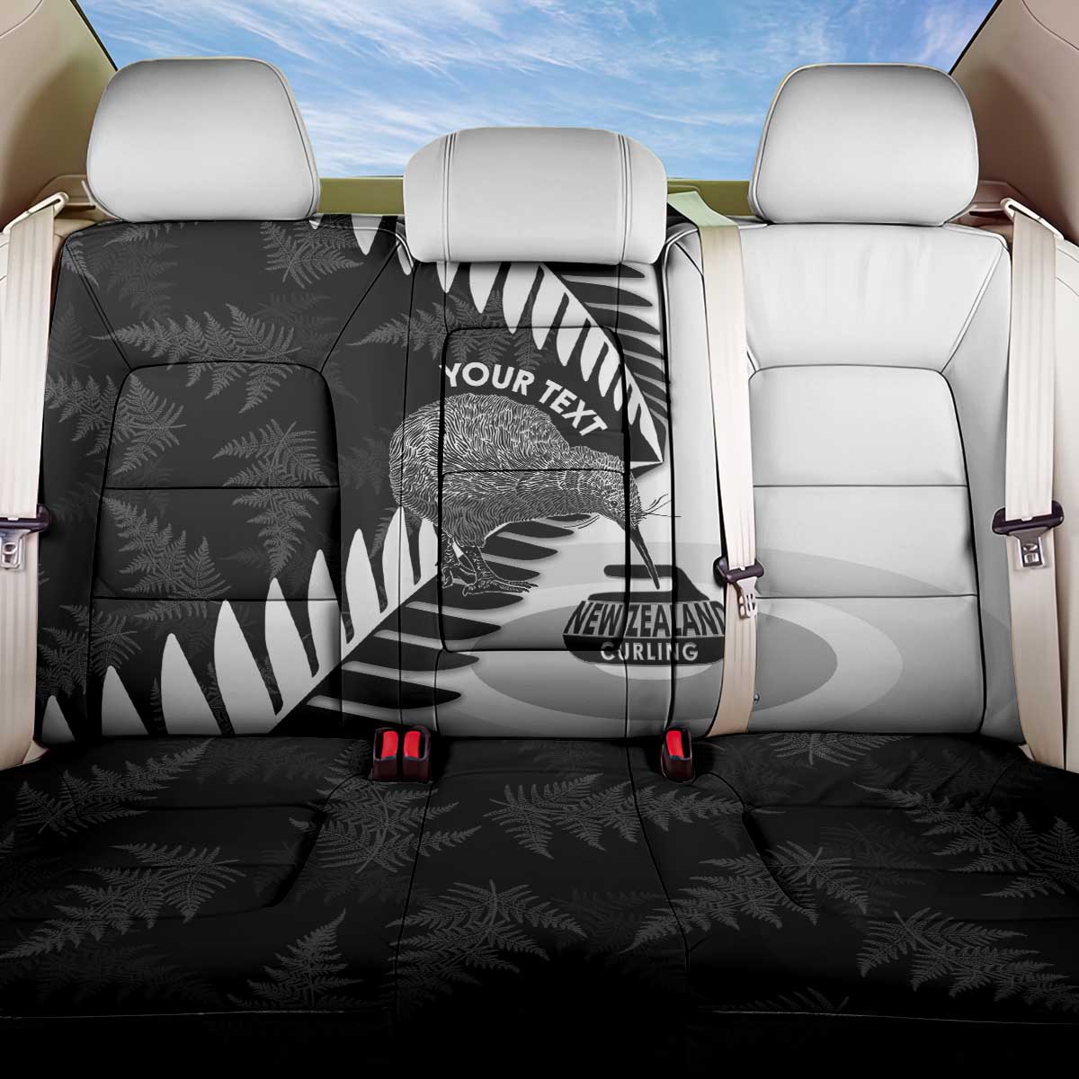 New Zealand Silver Fern Curling Personalised Back Car Seat Cover Aotearoa Kiwi Ponga Black White Version - Aussie Hoodie