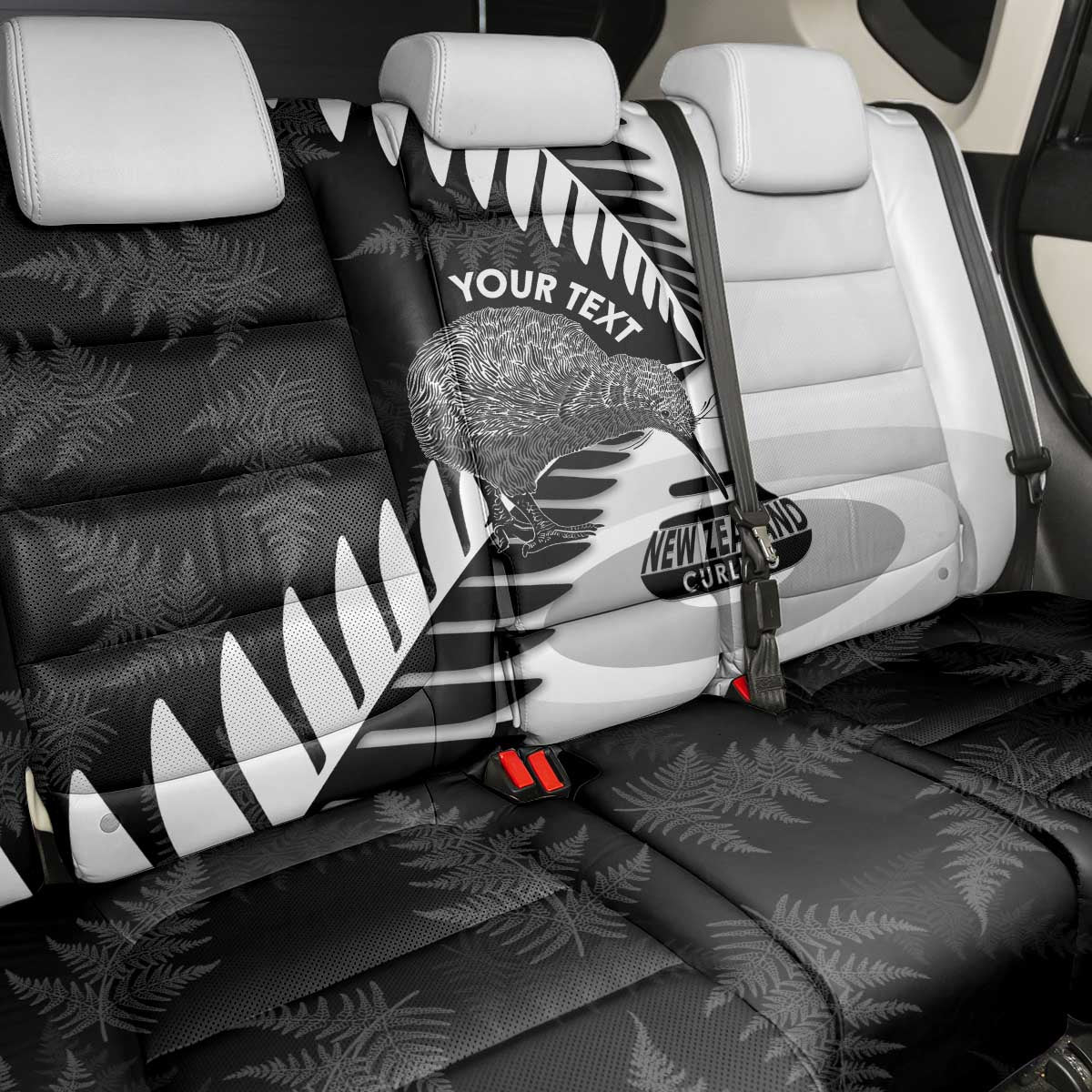 New Zealand Silver Fern Curling Personalised Back Car Seat Cover Aotearoa Kiwi Ponga Black White Version - Aussie Hoodie