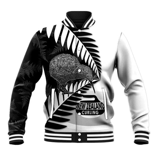 New Zealand Silver Fern Curling Personalised Baseball Jacket Aotearoa Kiwi Ponga Black White Version - Aussie Hoodie