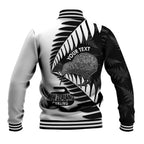 New Zealand Silver Fern Curling Personalised Baseball Jacket Aotearoa Kiwi Ponga Black White Version - Aussie Hoodie