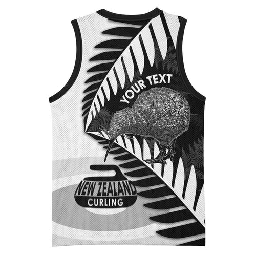 New Zealand Silver Fern Curling Personalised Basketball Jersey Aotearoa Kiwi Ponga Black White Version - Aussie Hoodie
