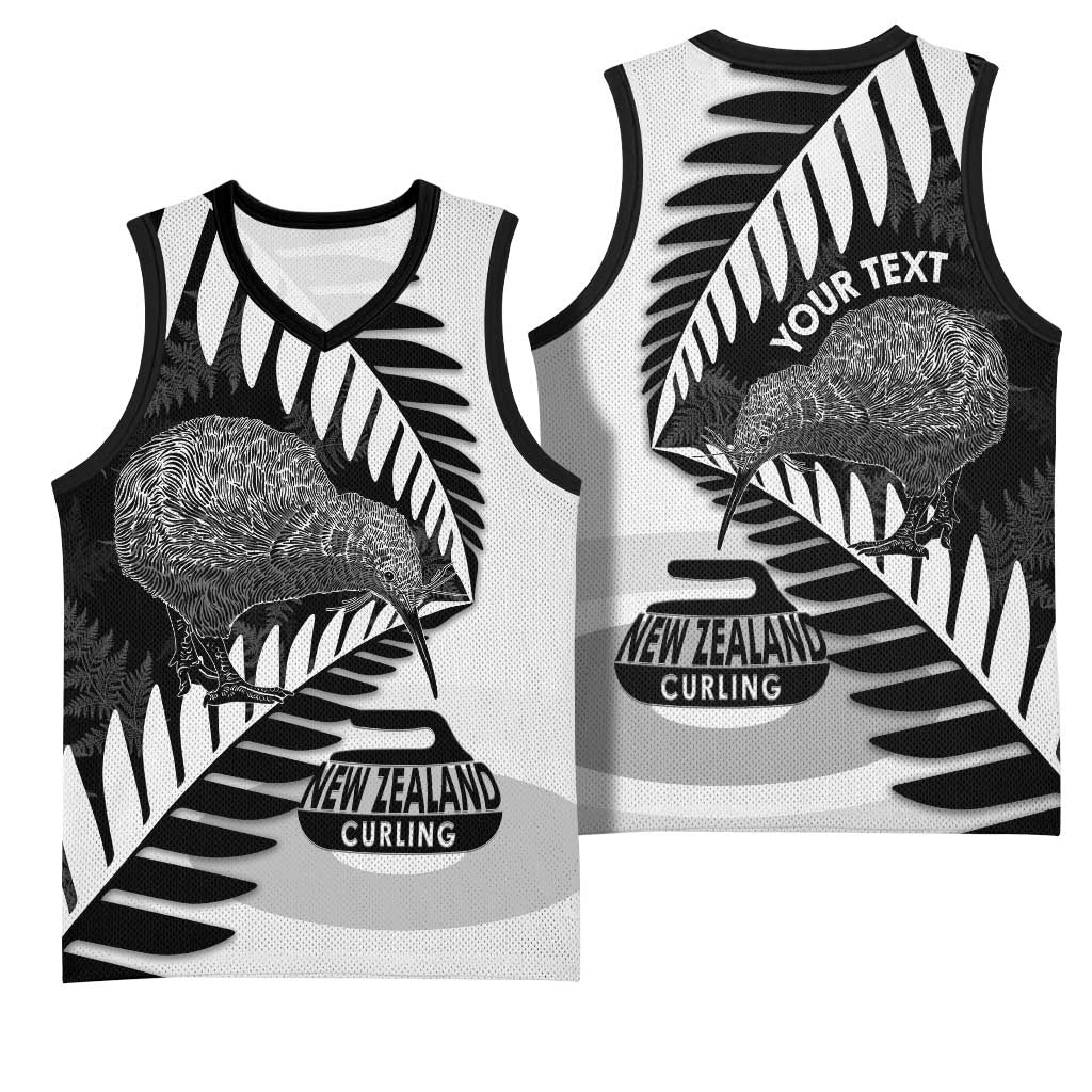 New Zealand Silver Fern Curling Personalised Basketball Jersey Aotearoa Kiwi Ponga Black White Version - Aussie Hoodie