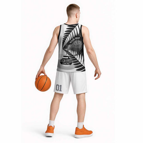 New Zealand Silver Fern Curling Personalised Basketball Jersey Aotearoa Kiwi Ponga Black White Version - Aussie Hoodie