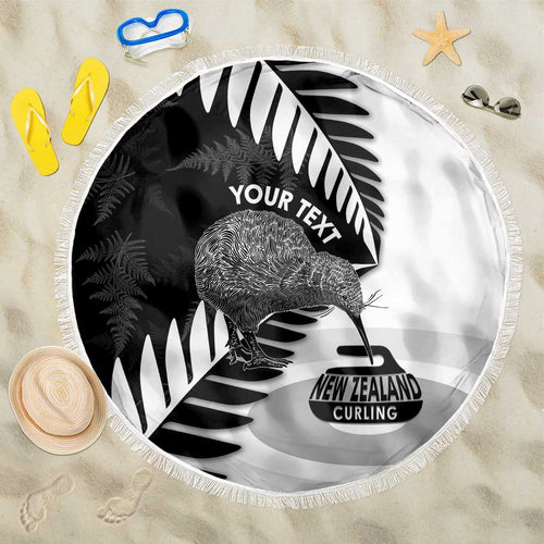 New Zealand Silver Fern Curling Personalised Beach Blanket Aotearoa Kiwi Ponga Black White Version - Aussie Hoodie