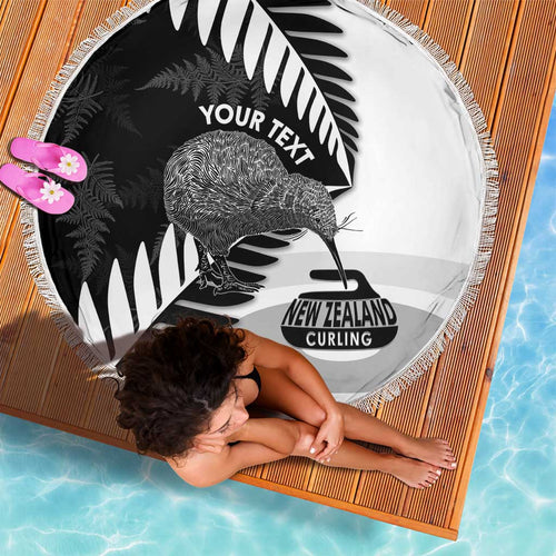 New Zealand Silver Fern Curling Personalised Beach Blanket Aotearoa Kiwi Ponga Black White Version - Aussie Hoodie
