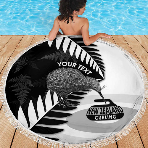 New Zealand Silver Fern Curling Personalised Beach Blanket Aotearoa Kiwi Ponga Black White Version - Aussie Hoodie