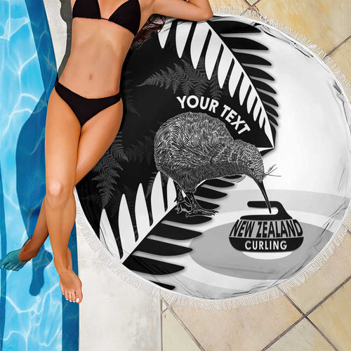 New Zealand Silver Fern Curling Personalised Beach Blanket Aotearoa Kiwi Ponga Black White Version - Aussie Hoodie