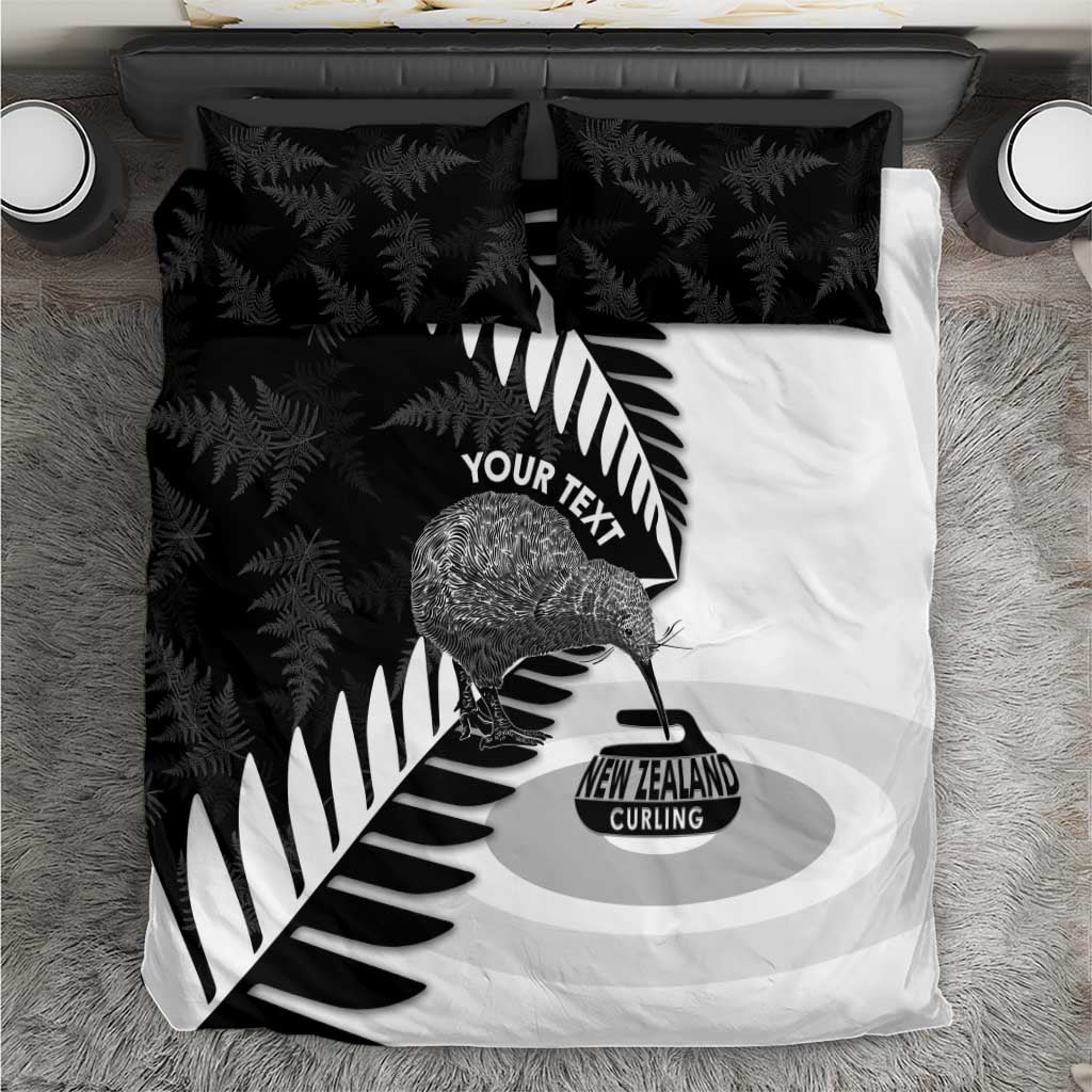 New Zealand Silver Fern Curling Personalised Bedding Set Aotearoa Kiwi Ponga Black White Version - Aussie Hoodie
