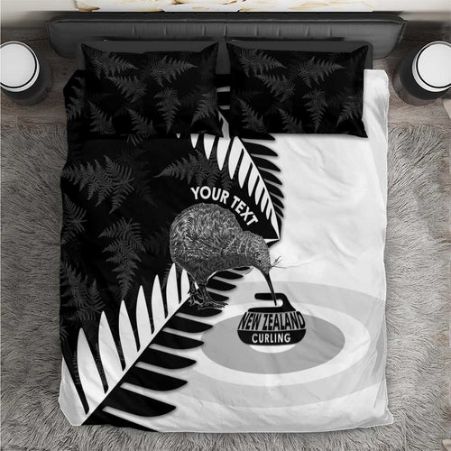 New Zealand Silver Fern Curling Personalised Bedding Set Aotearoa Kiwi Ponga Black White Version - Aussie Hoodie