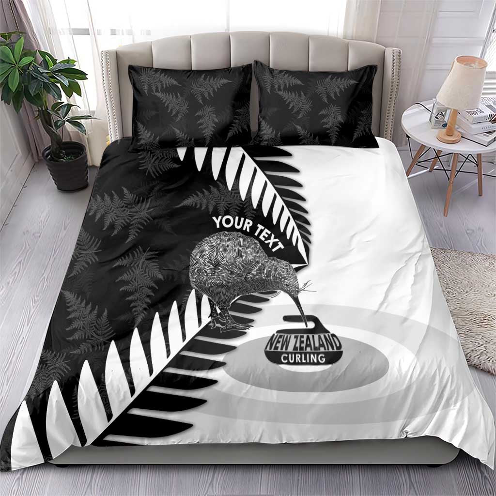 New Zealand Silver Fern Curling Personalised Bedding Set Aotearoa Kiwi Ponga Black White Version - Aussie Hoodie