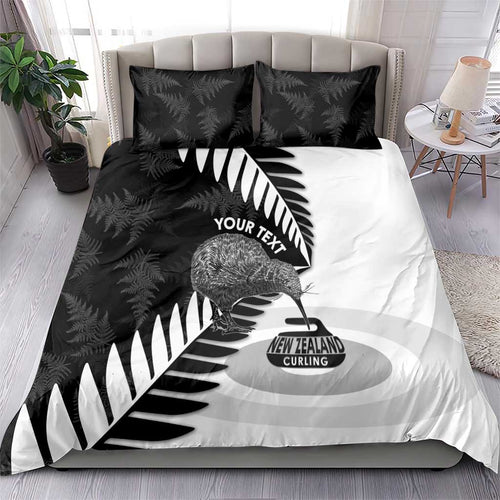 New Zealand Silver Fern Curling Personalised Bedding Set Aotearoa Kiwi Ponga Black White Version - Aussie Hoodie