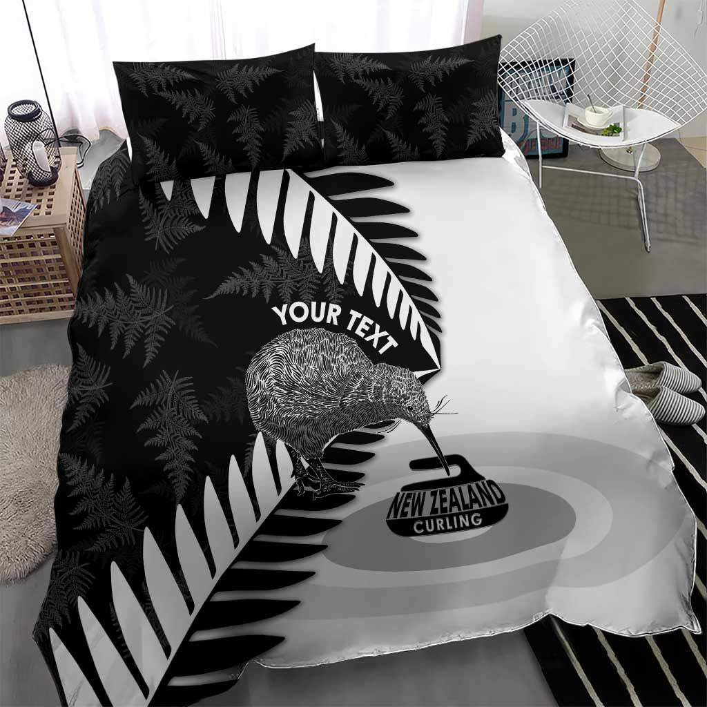 New Zealand Silver Fern Curling Personalised Bedding Set Aotearoa Kiwi Ponga Black White Version - Aussie Hoodie