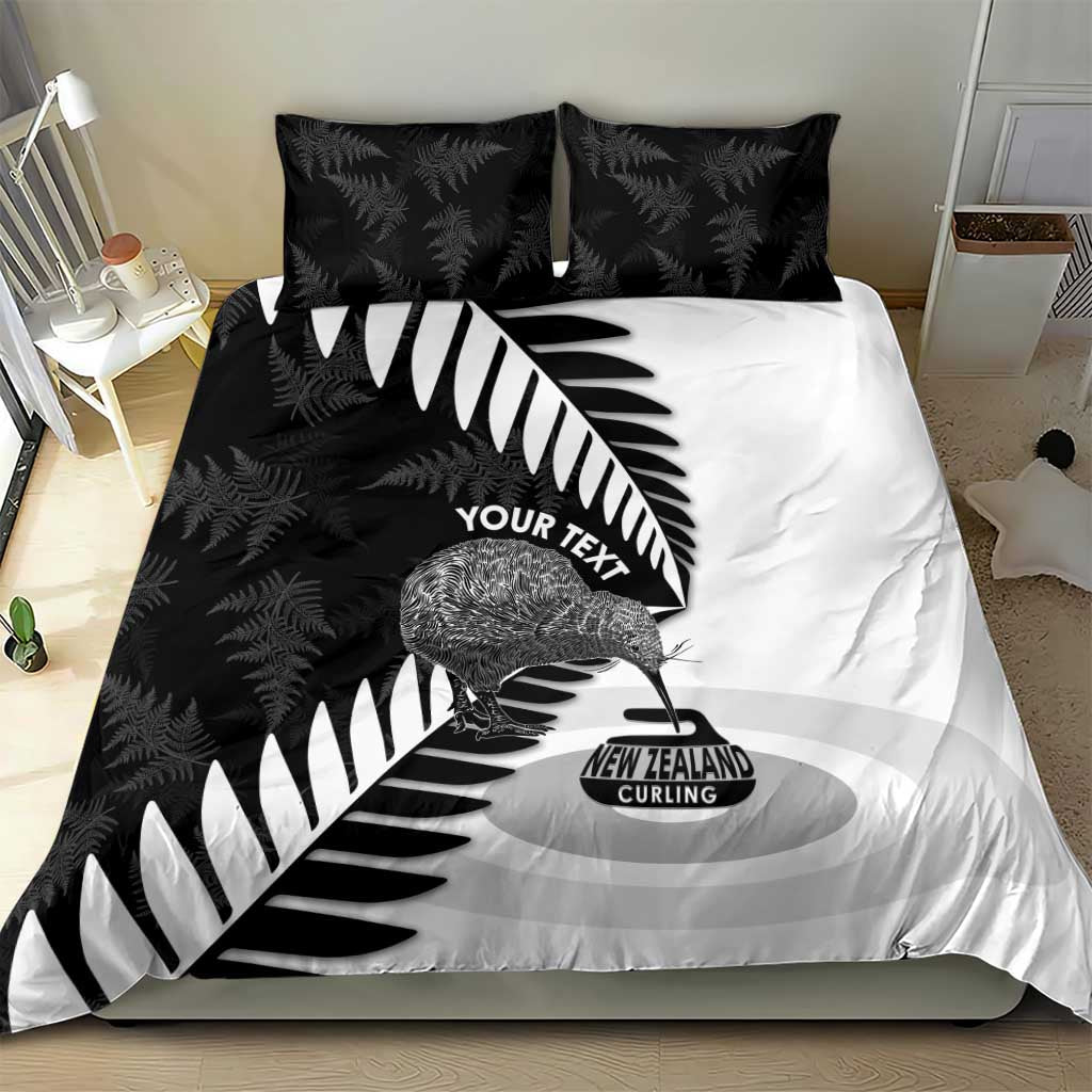 New Zealand Silver Fern Curling Personalised Bedding Set Aotearoa Kiwi Ponga Black White Version - Aussie Hoodie