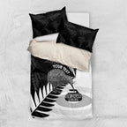New Zealand Silver Fern Curling Personalised Bedding Set Aotearoa Kiwi Ponga Black White Version - Aussie Hoodie