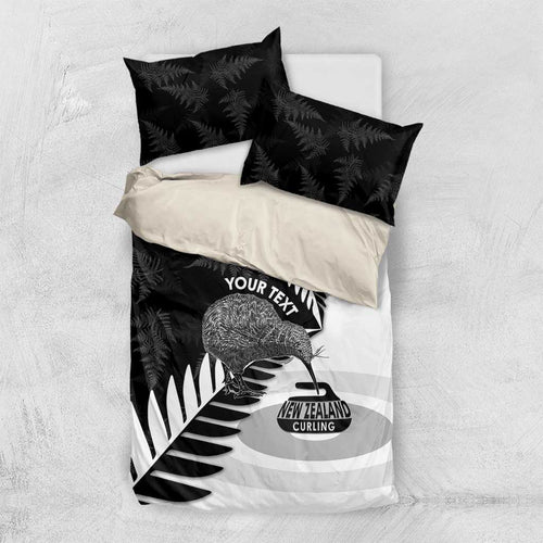 New Zealand Silver Fern Curling Personalised Bedding Set Aotearoa Kiwi Ponga Black White Version - Aussie Hoodie