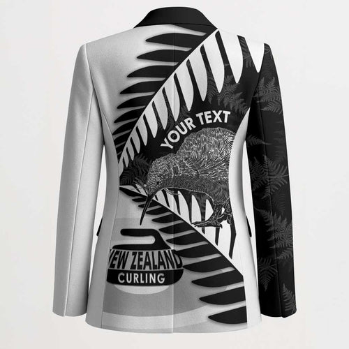 New Zealand Silver Fern Curling Personalised Blazer Aotearoa Kiwi Ponga Black White Version - Aussie Hoodie