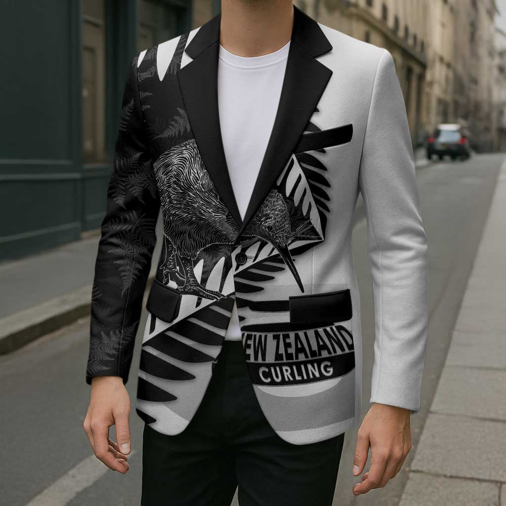 New Zealand Silver Fern Curling Personalised Blazer Aotearoa Kiwi Ponga Black White Version - Aussie Hoodie