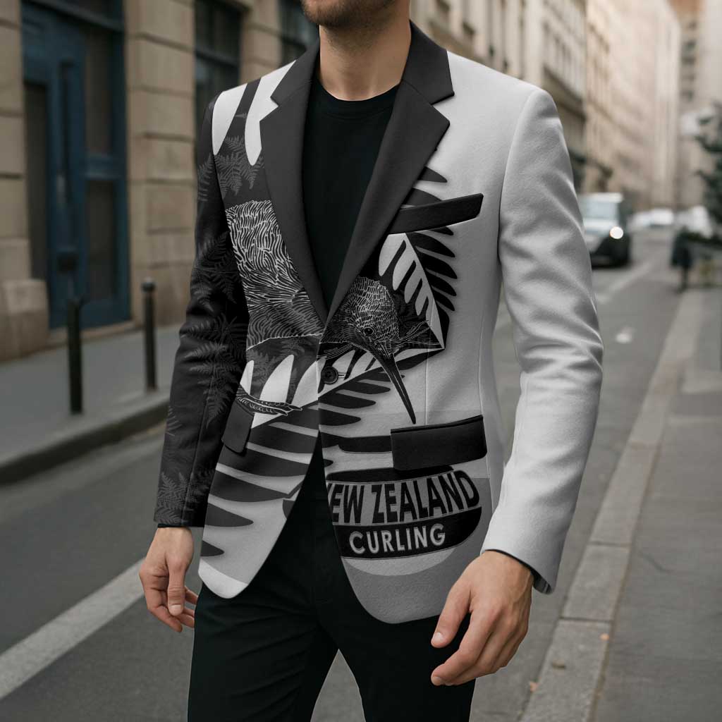 New Zealand Silver Fern Curling Personalised Blazer Aotearoa Kiwi Ponga Black White Version - Aussie Hoodie