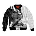 New Zealand Silver Fern Curling Personalised Bomber Jacket Aotearoa Kiwi Ponga Black White Version - Aussie Hoodie