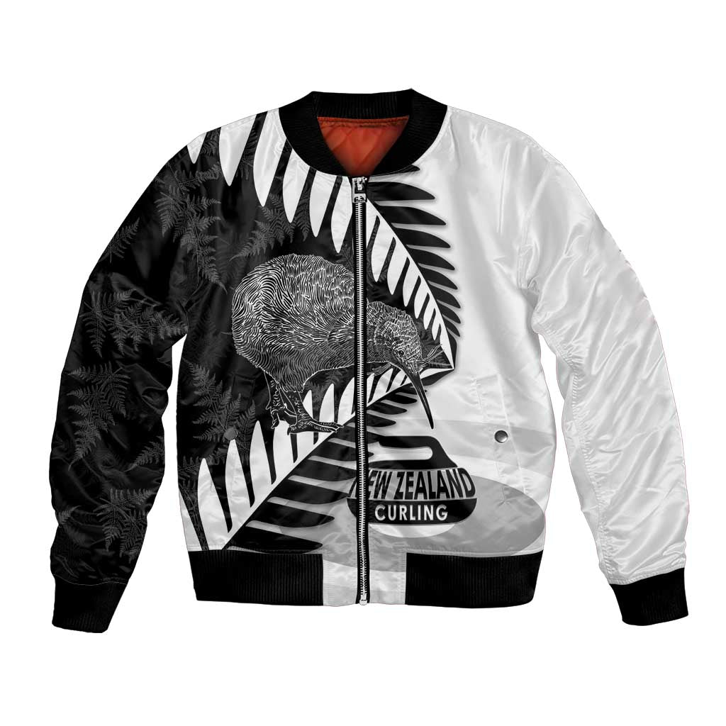 New Zealand Silver Fern Curling Personalised Bomber Jacket Aotearoa Kiwi Ponga Black White Version - Aussie Hoodie