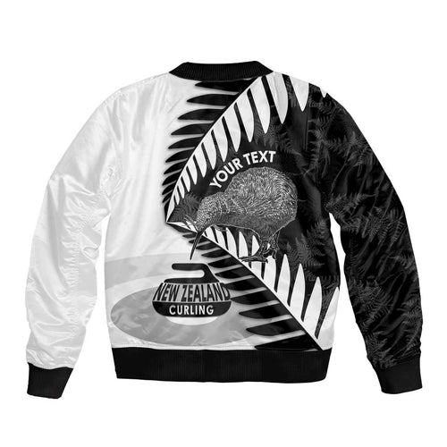 New Zealand Silver Fern Curling Personalised Bomber Jacket Aotearoa Kiwi Ponga Black White Version - Aussie Hoodie