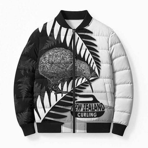 New Zealand Silver Fern Curling Personalised Bomber Puffer Jacket Aotearoa Kiwi Ponga Black White Version - Aussie Hoodie