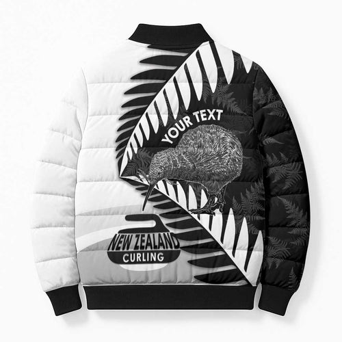 New Zealand Silver Fern Curling Personalised Bomber Puffer Jacket Aotearoa Kiwi Ponga Black White Version - Aussie Hoodie