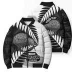 New Zealand Silver Fern Curling Personalised Bomber Puffer Jacket Aotearoa Kiwi Ponga Black White Version - Aussie Hoodie