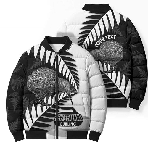 New Zealand Silver Fern Curling Personalised Bomber Puffer Jacket Aotearoa Kiwi Ponga Black White Version - Aussie Hoodie