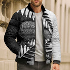 New Zealand Silver Fern Curling Personalised Bomber Puffer Jacket Aotearoa Kiwi Ponga Black White Version - Aussie Hoodie
