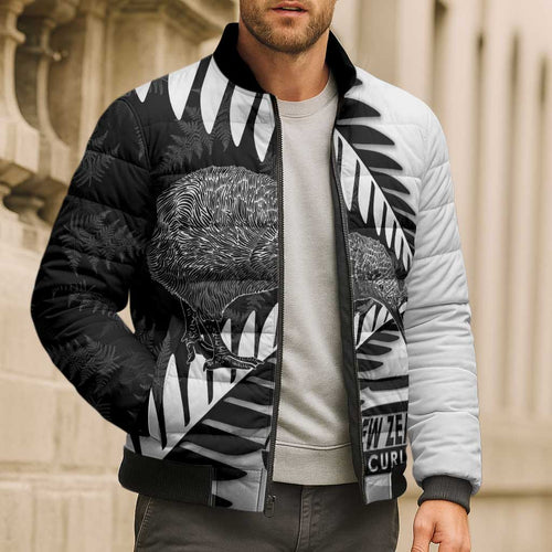 New Zealand Silver Fern Curling Personalised Bomber Puffer Jacket Aotearoa Kiwi Ponga Black White Version - Aussie Hoodie