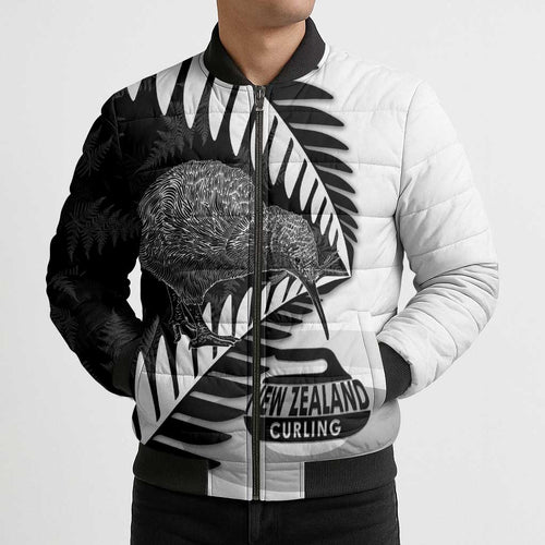 New Zealand Silver Fern Curling Personalised Bomber Puffer Jacket Aotearoa Kiwi Ponga Black White Version - Aussie Hoodie