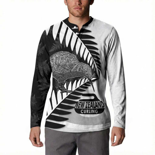 New Zealand Silver Fern Curling Personalised Button Sweatshirt Aotearoa Kiwi Ponga Black White Version - Aussie Hoodie