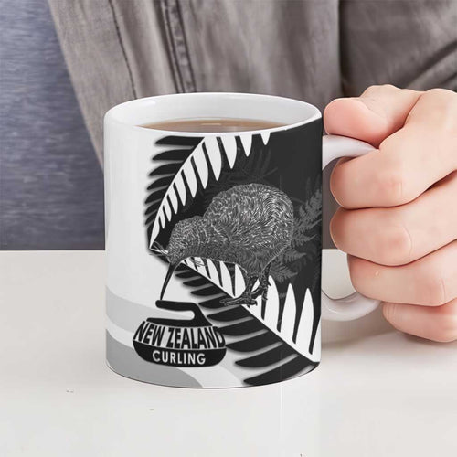 New Zealand Silver Fern Curling Personalised Ceramic Mug Aotearoa Kiwi Ponga Black White Version - Aussie Hoodie