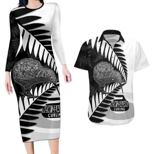 New Zealand Silver Fern Curling Personalised Couples Matching Long Sleeve Bodycon Dress and Hawaiian Shirt Aotearoa Kiwi Ponga Black White Version - Aussie Hoodie