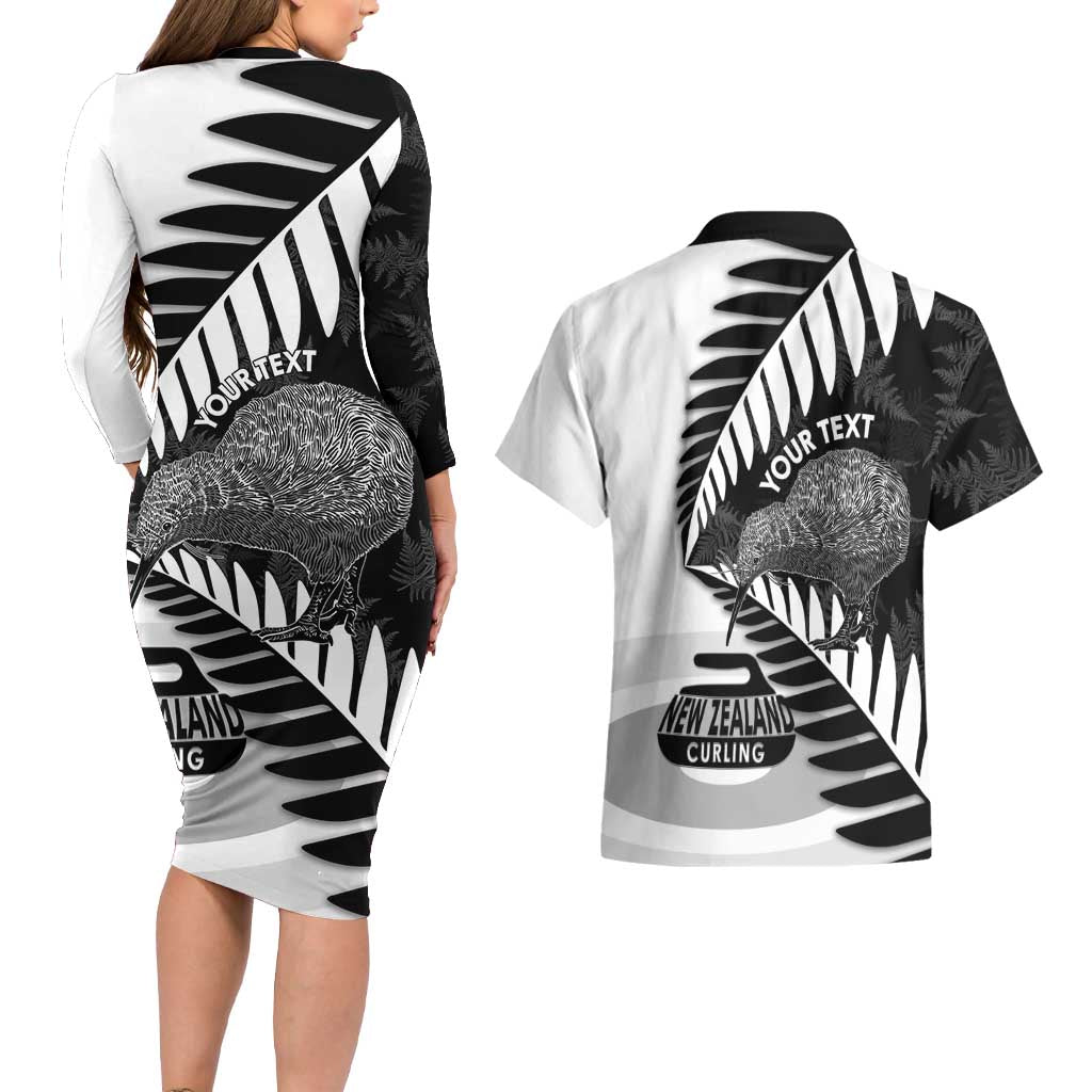 New Zealand Silver Fern Curling Personalised Couples Matching Long Sleeve Bodycon Dress and Hawaiian Shirt Aotearoa Kiwi Ponga Black White Version - Aussie Hoodie