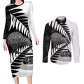 New Zealand Silver Fern Curling Personalised Couples Matching Long Sleeve Bodycon Dress and Long Sleeve Button Shirt Aotearoa Kiwi Ponga Black White Version - Aussie Hoodie