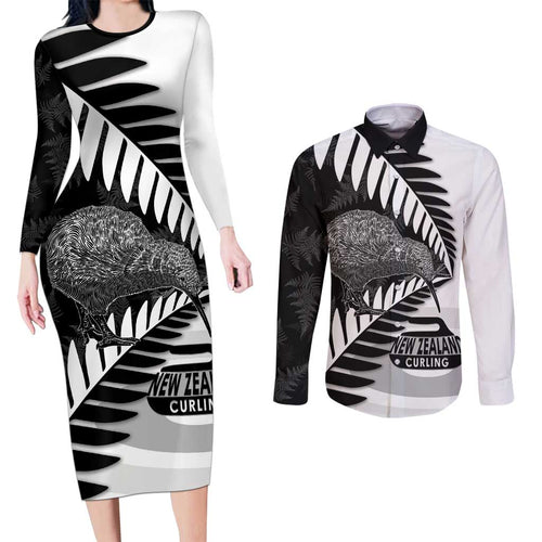 New Zealand Silver Fern Curling Personalised Couples Matching Long Sleeve Bodycon Dress and Long Sleeve Button Shirt Aotearoa Kiwi Ponga Black White Version - Aussie Hoodie