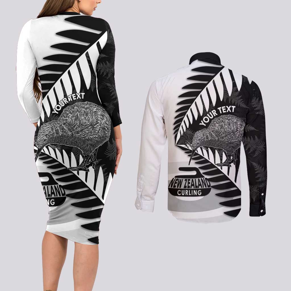 New Zealand Silver Fern Curling Personalised Couples Matching Long Sleeve Bodycon Dress and Long Sleeve Button Shirt Aotearoa Kiwi Ponga Black White Version - Aussie Hoodie