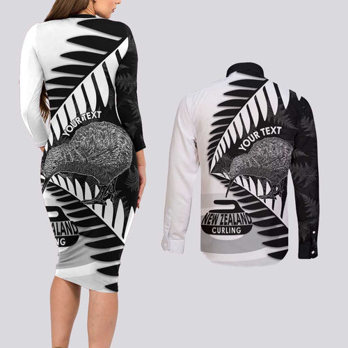 New Zealand Silver Fern Curling Personalised Couples Matching Long Sleeve Bodycon Dress and Long Sleeve Button Shirt Aotearoa Kiwi Ponga Black White Version - Aussie Hoodie